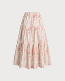 Sueña™ Pembe Çiçekli Beli Lastikli A Kesim Midi Etek