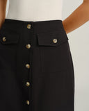 Siyah Doğal Bel Düğmeli Yırtmaçlı Midi Etek