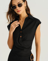 Siyah Kapüşonlu Kol Düğmeli Bluz