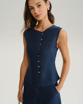 Mavi Yuvarlak Yaka Düğmeli Yelek