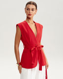 Kırmızı V Yaka Cepli Yelek