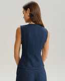 Mavi Yuvarlak Yaka Düğmeli Yelek