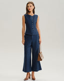 Mavi Yuvarlak Yaka Düğmeli Yelek