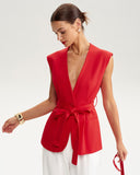 Kırmızı V Yaka Cepli Yelek