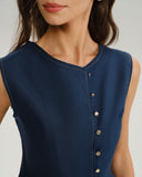 Mavi Yuvarlak Yaka Düğmeli Yelek
