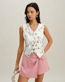 Sueña™ Beyaz Nakışlı V Yaka Düğmeli Yelek