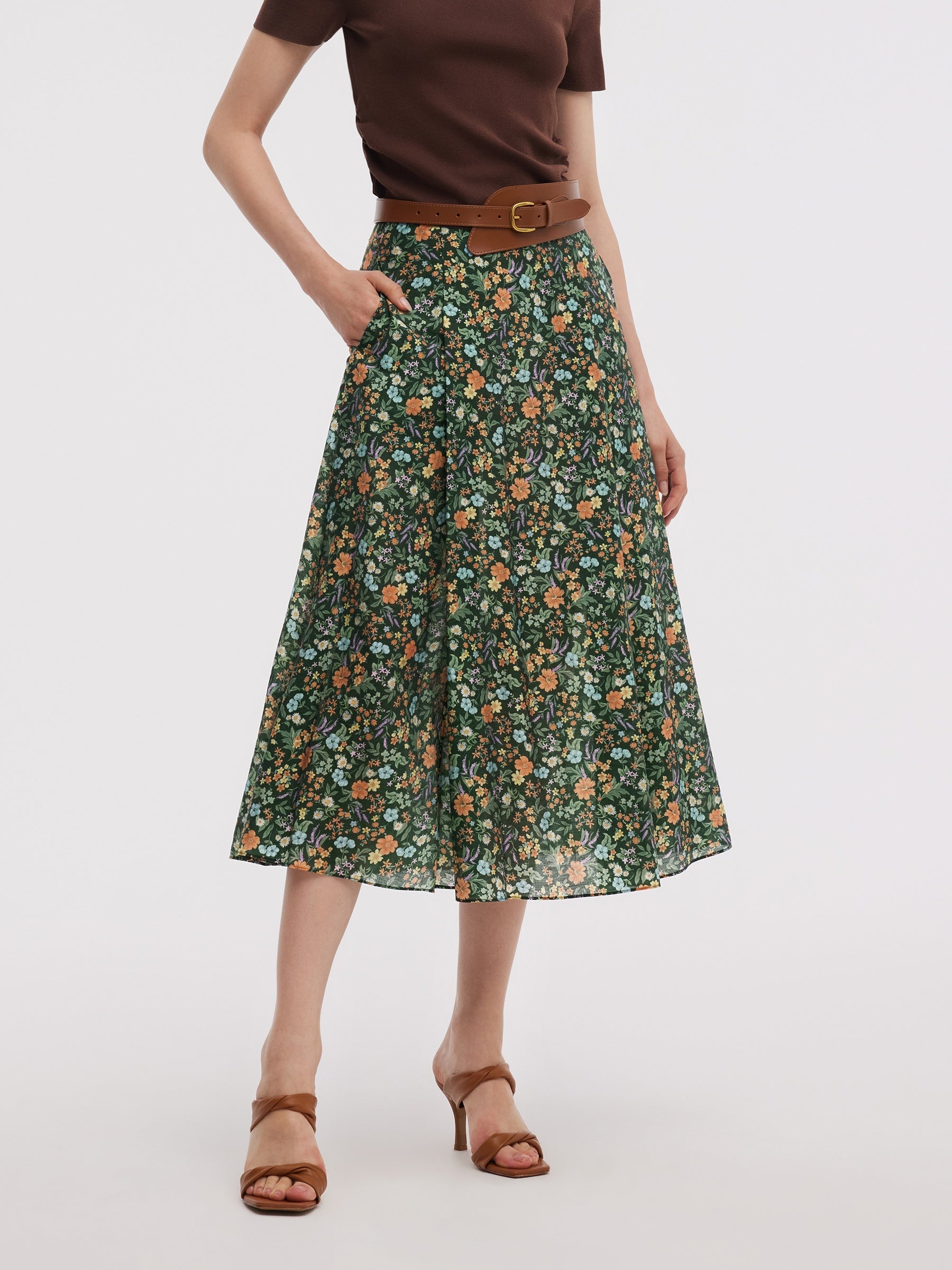 Tencel Karışımlı Çiçek Desenli Kadın A Kesim Etek