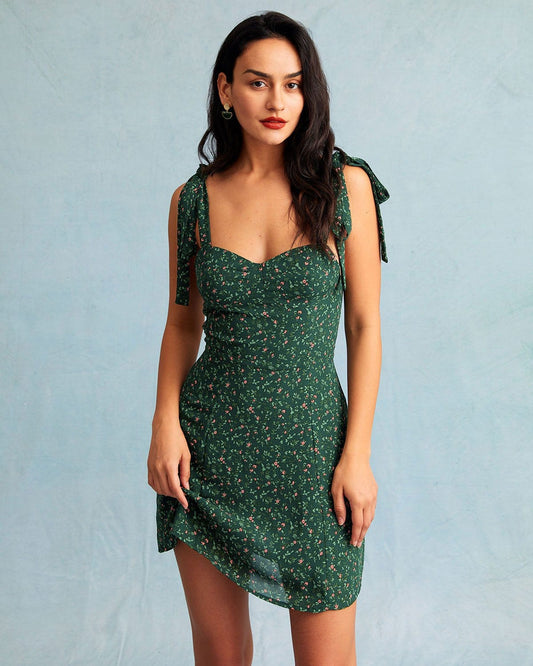 Sueña™ Yeşil Kalp Yaka Çiçek Slip Mini Elbise