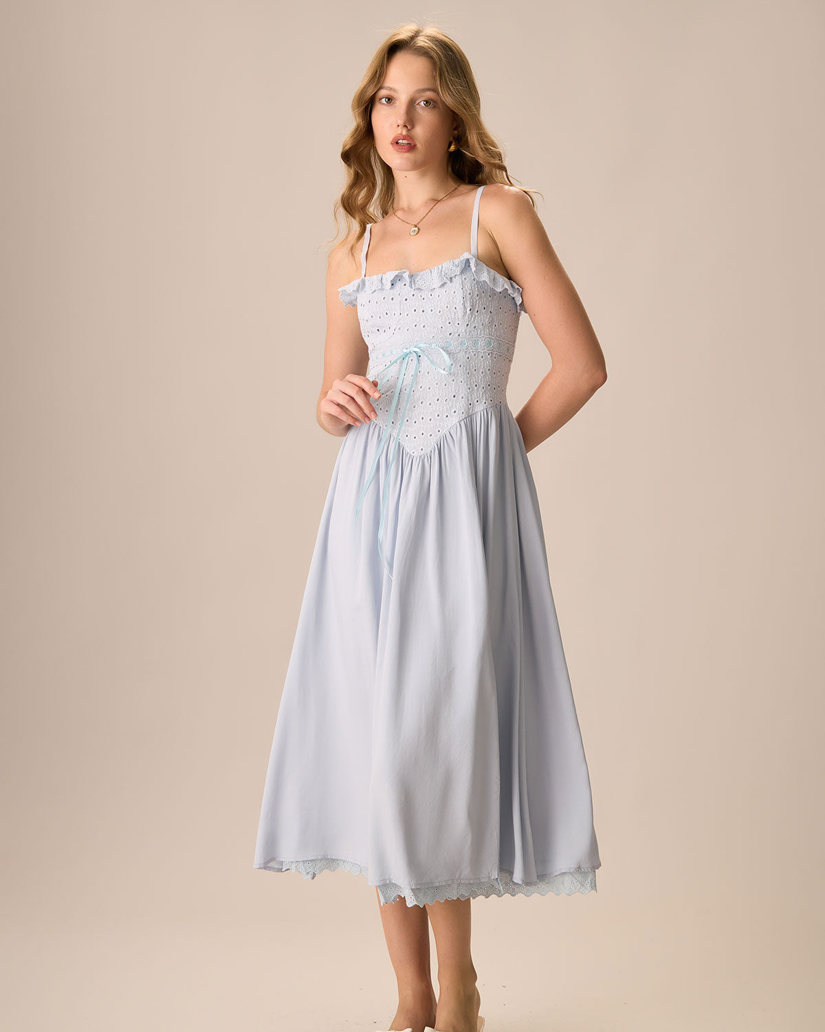 Sueña™ Kadın Mavi Nakışlı Pamuklu Slip Midi Elbise