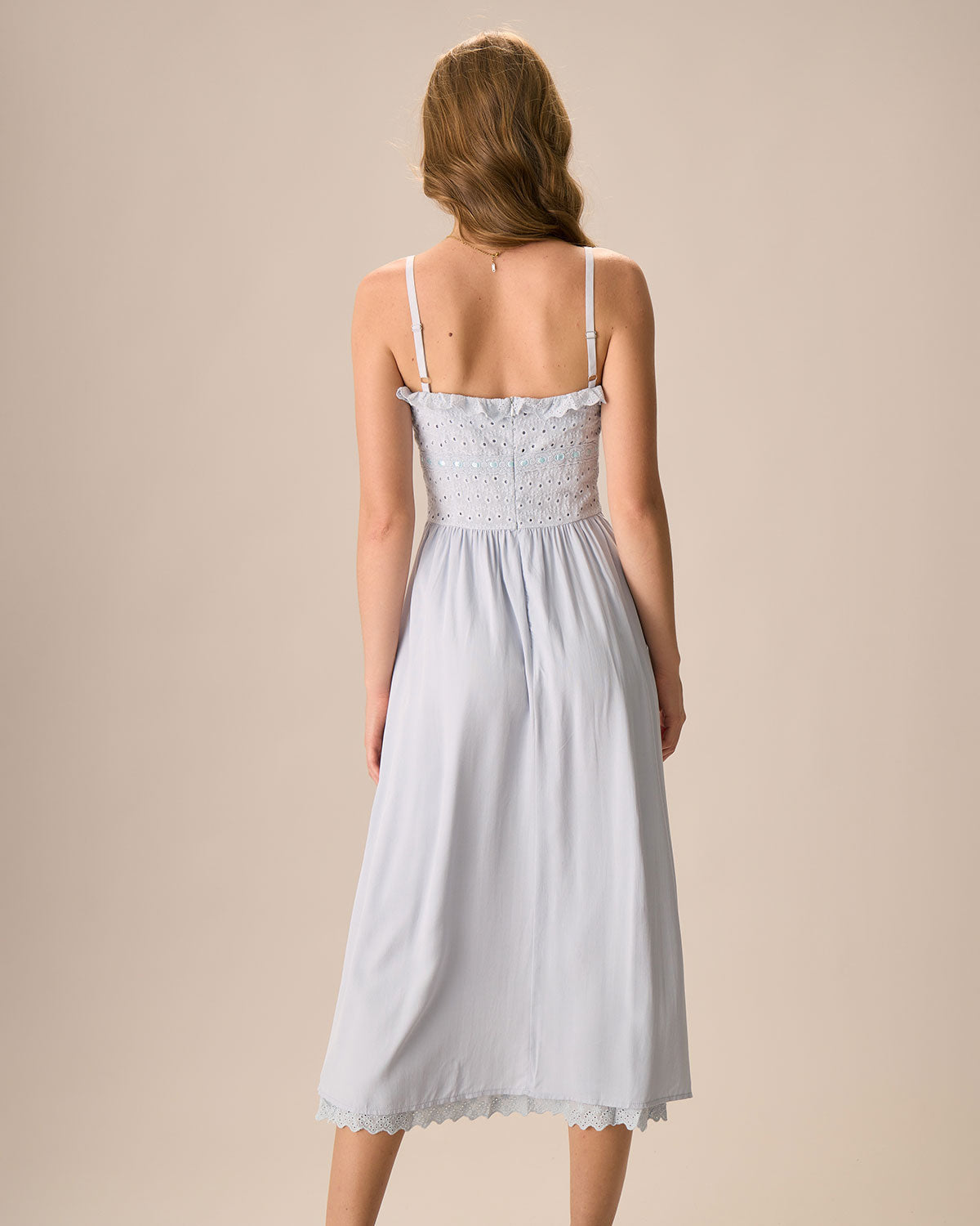 Sueña™ Kadın Mavi Nakışlı Pamuklu Slip Midi Elbise