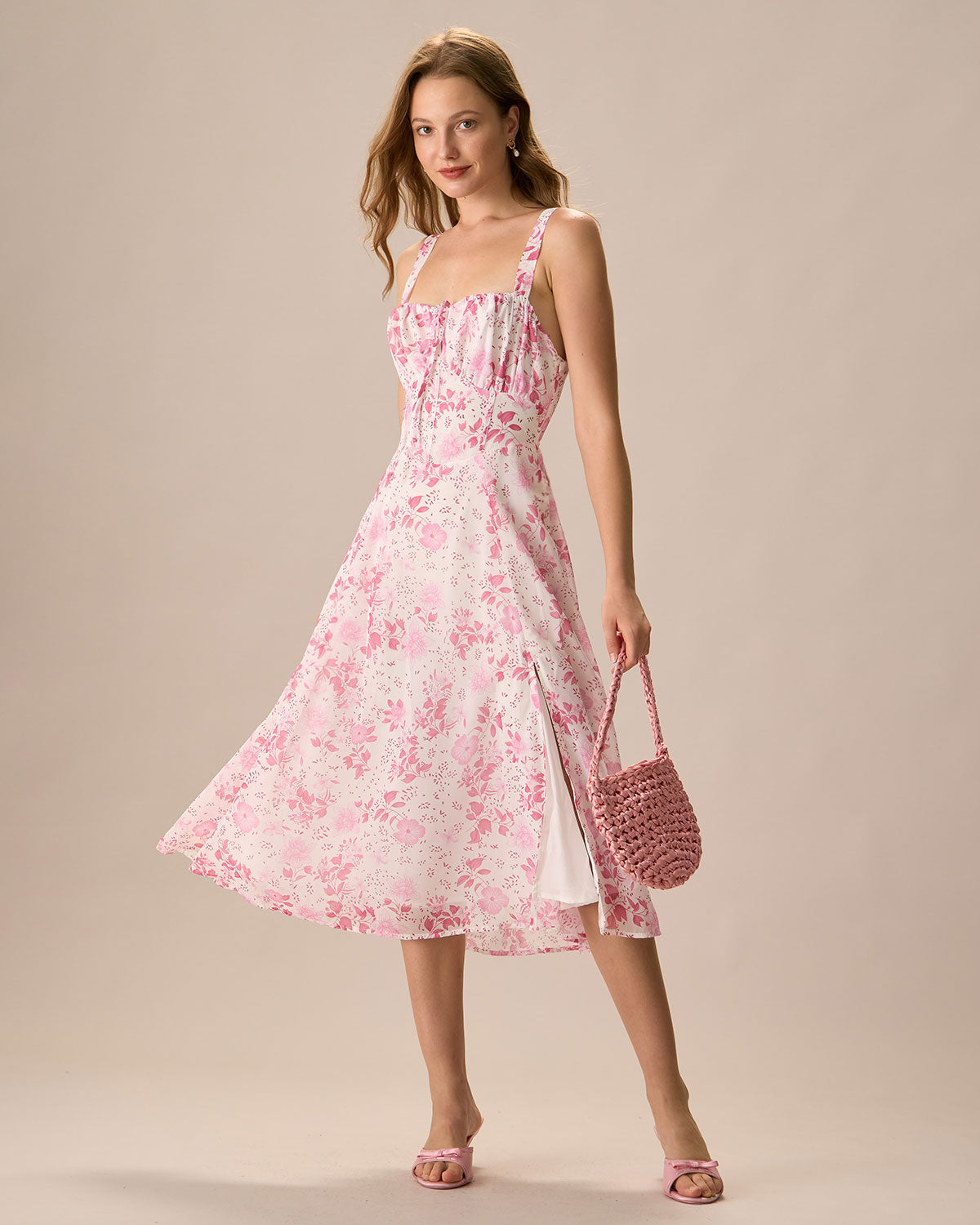 Sueña™ Pembe Kare Yaka Çiçek Dantelli Midi Elbise