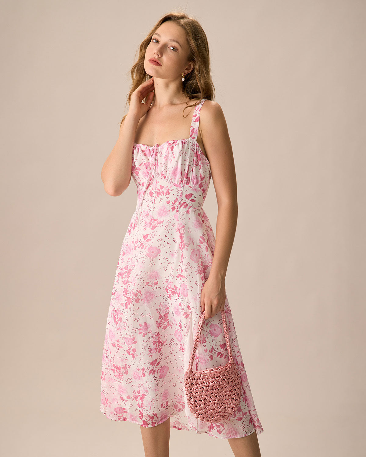 Sueña™ Pembe Kare Yaka Çiçek Dantelli Midi Elbise