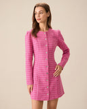 Kadın Pembe Tek Düğmeli Tweed Mini Elbise