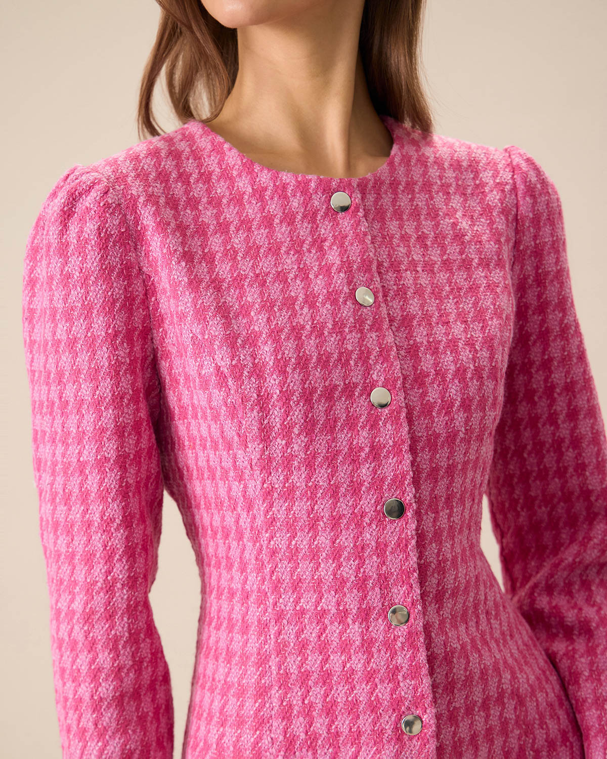 Kadın Pembe Tek Düğmeli Tweed Mini Elbise