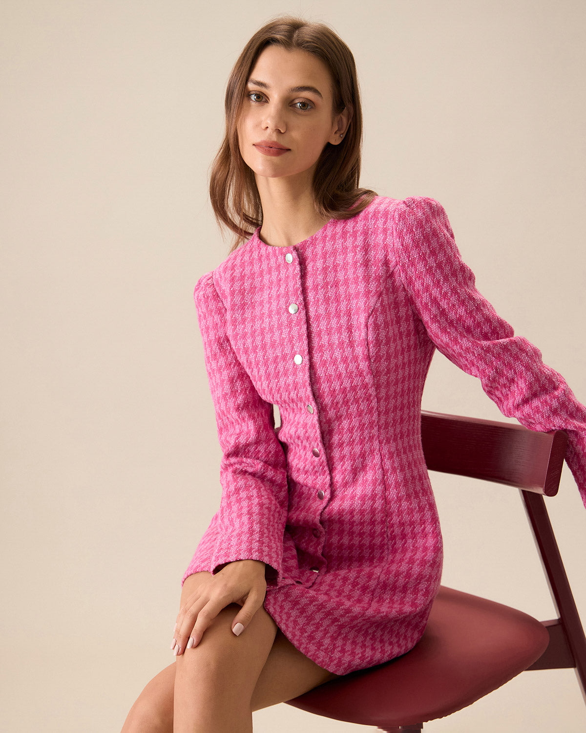 Kadın Pembe Tek Düğmeli Tweed Mini Elbise