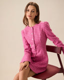 Kadın Pembe Tek Düğmeli Tweed Mini Elbise