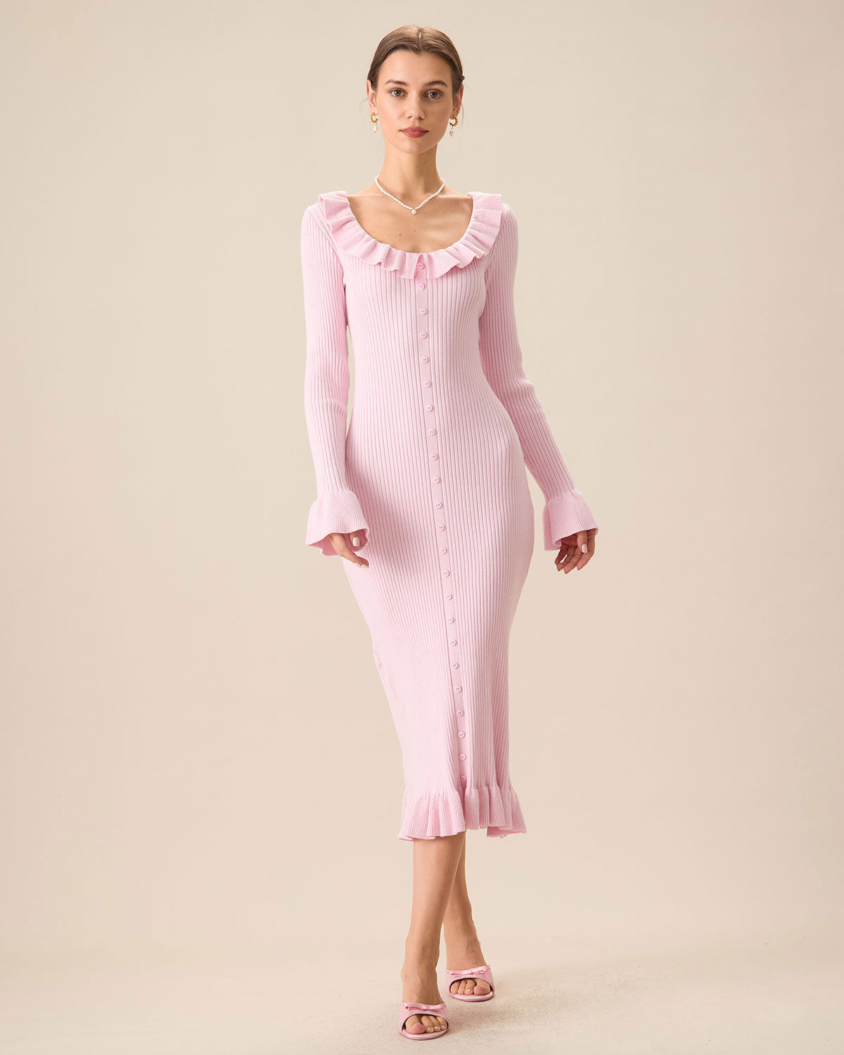 Sueña™ Kadın Pembe U Yaka Fırfırlı Bodycon Kazak Elbise