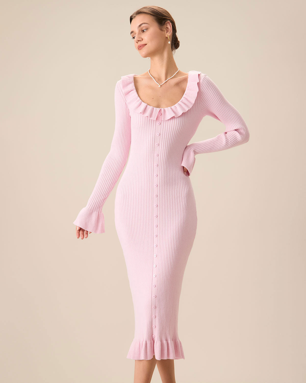 Sueña™ Kadın Pembe U Yaka Fırfırlı Bodycon Kazak Elbise