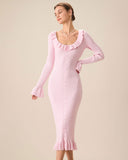 Sueña™ Kadın Pembe U Yaka Fırfırlı Bodycon Kazak Elbise