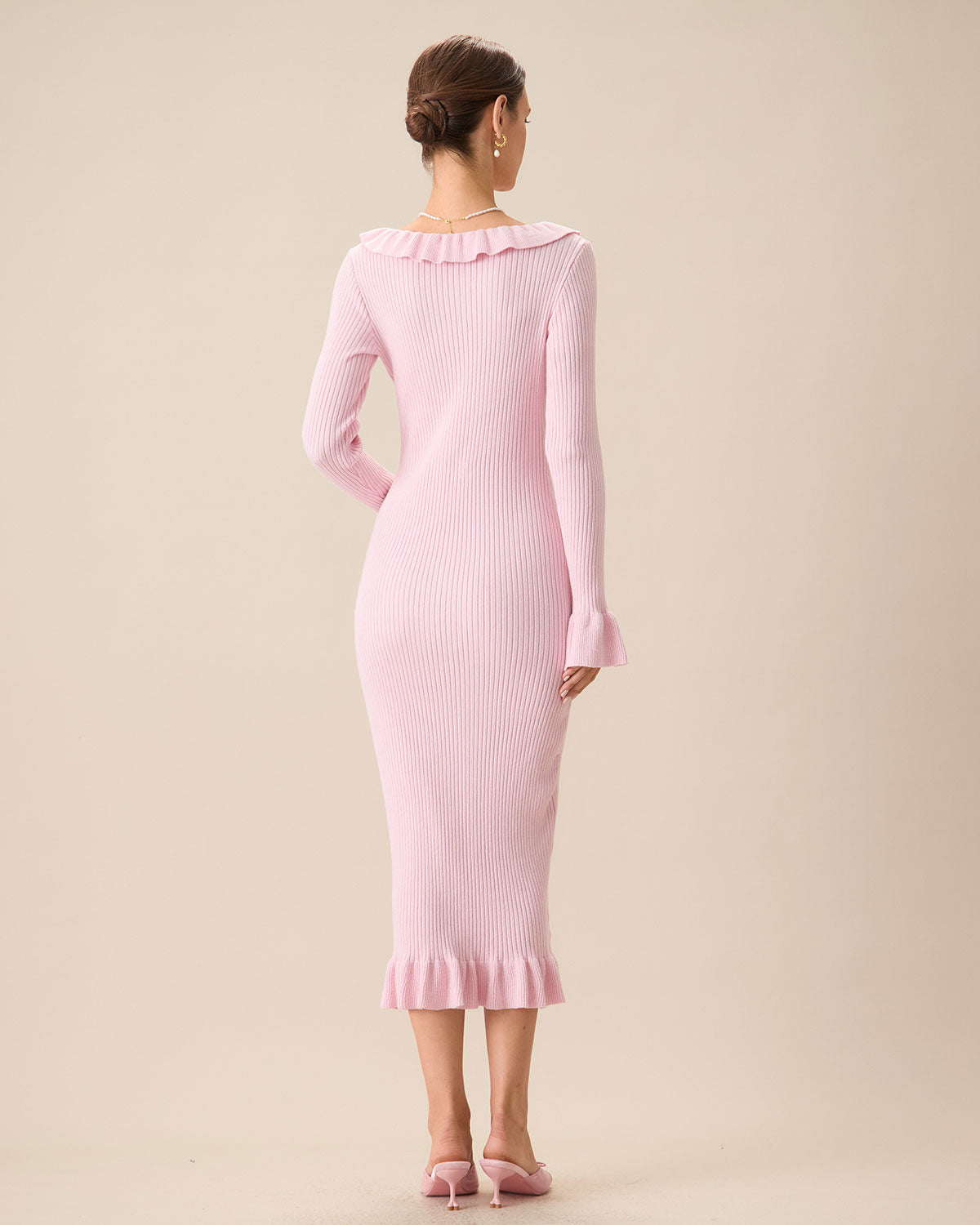 Sueña™ Kadın Pembe U Yaka Fırfırlı Bodycon Kazak Elbise