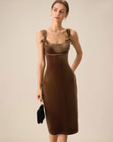 Sueña Kahverengi Kadife Bodycon Midi Elbise