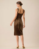 Sueña Kahverengi Kadife Bodycon Midi Elbise