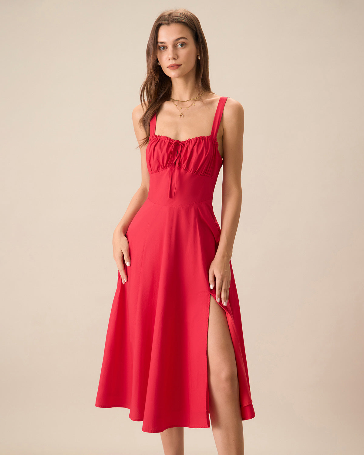Sueña Kadın Kırmızı Kare Yaka Dantelli Slip Midi Elbise
