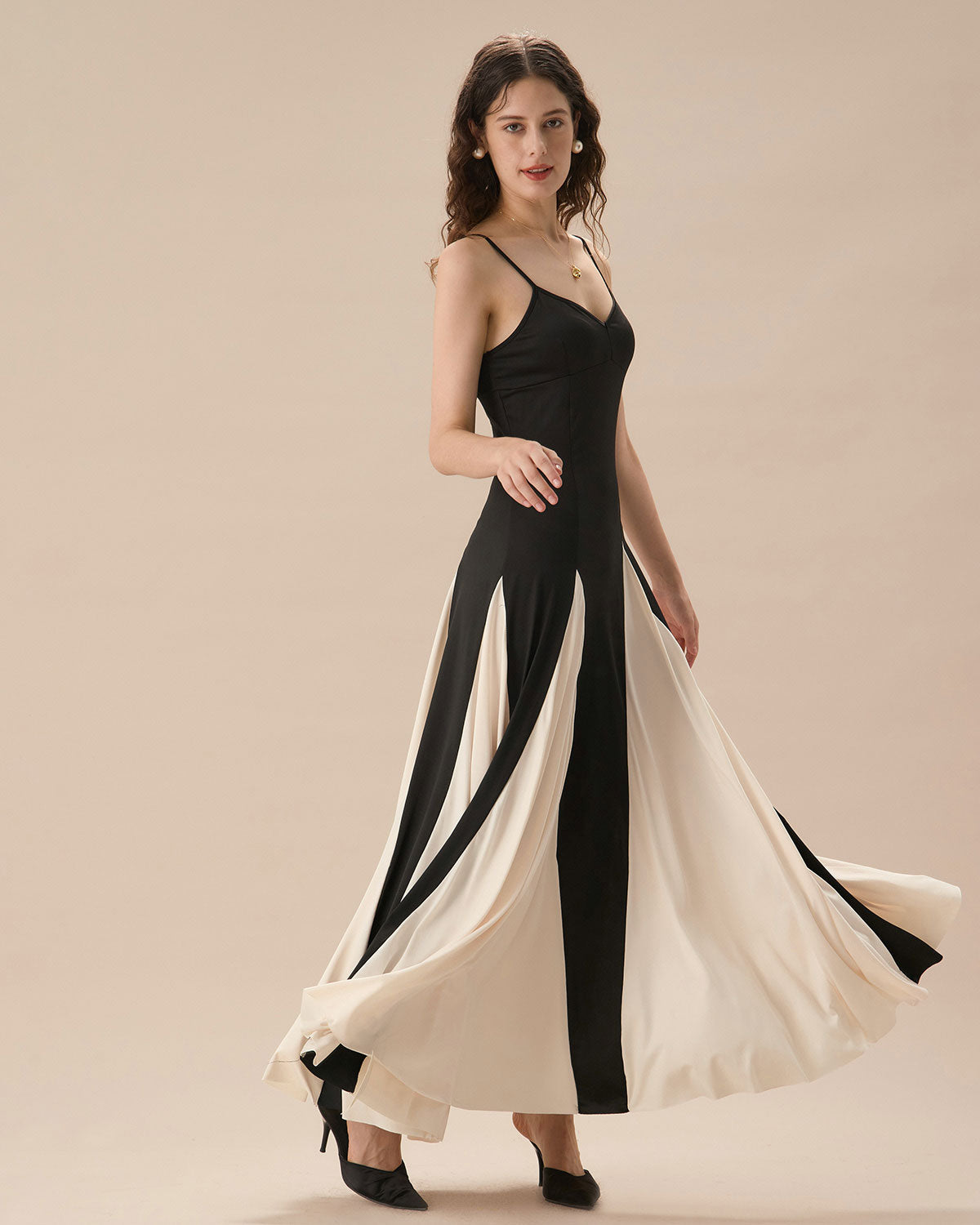 Sueña™ Kadın Siyah Kontrast Büzgülü Slip Maxi Elbise