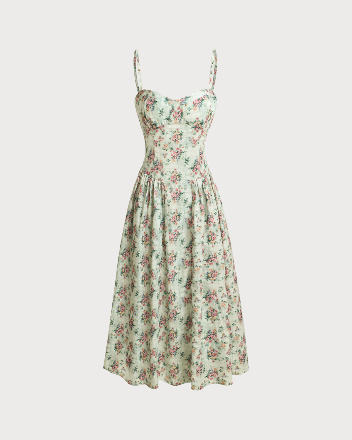 Sueña™ Yeşil Çiçekli Kalp Yaka Pileli Slip Midi Elbise