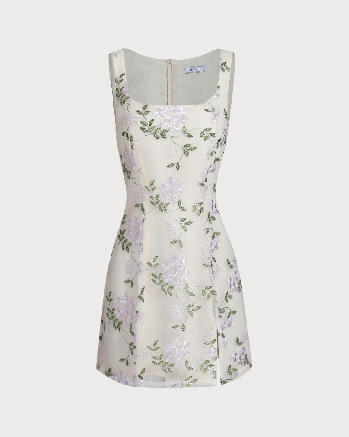Sueña™ Bej Kare Yaka Nakışlı Yırtmaçlı Slip Mini Elbise