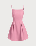 Sueña Pembe Kare Yaka Slip Pileli Mini Elbise