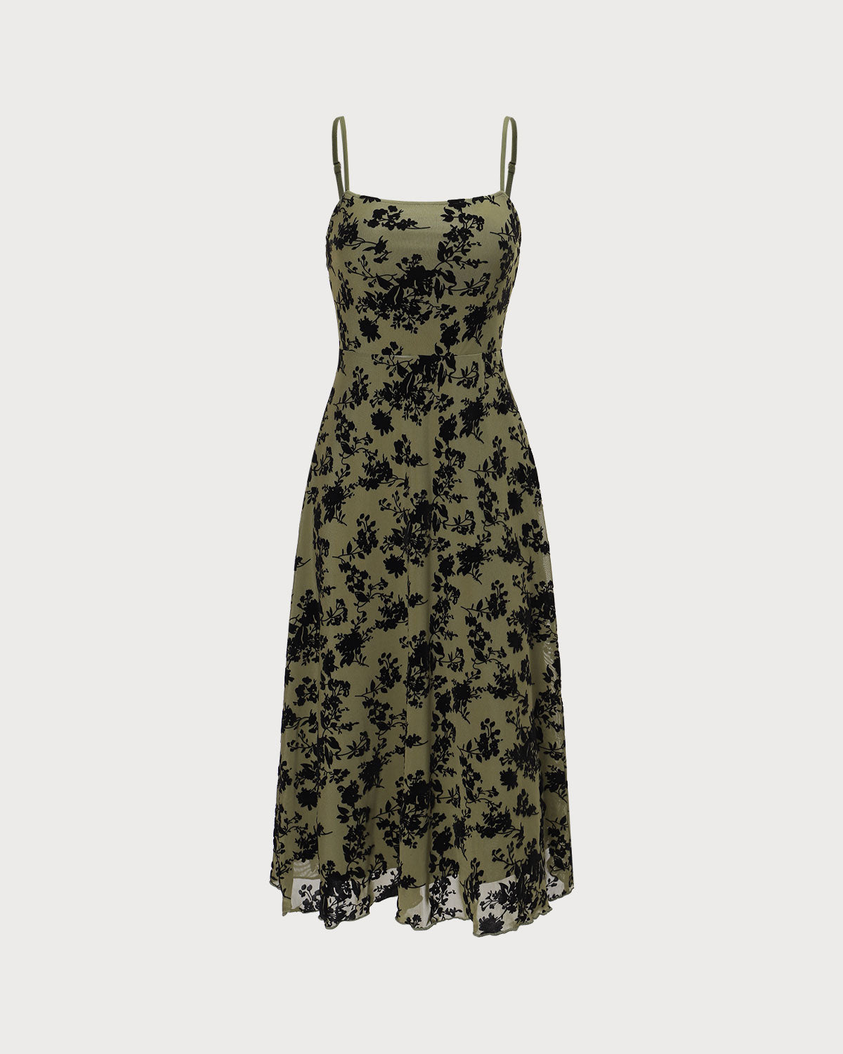 Sueña Yeşil Çiçekli Burnout A-Line Slip Midi Elbise