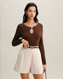 Kahverengi Yuvarlak Yaka İnce Örgü Tişört