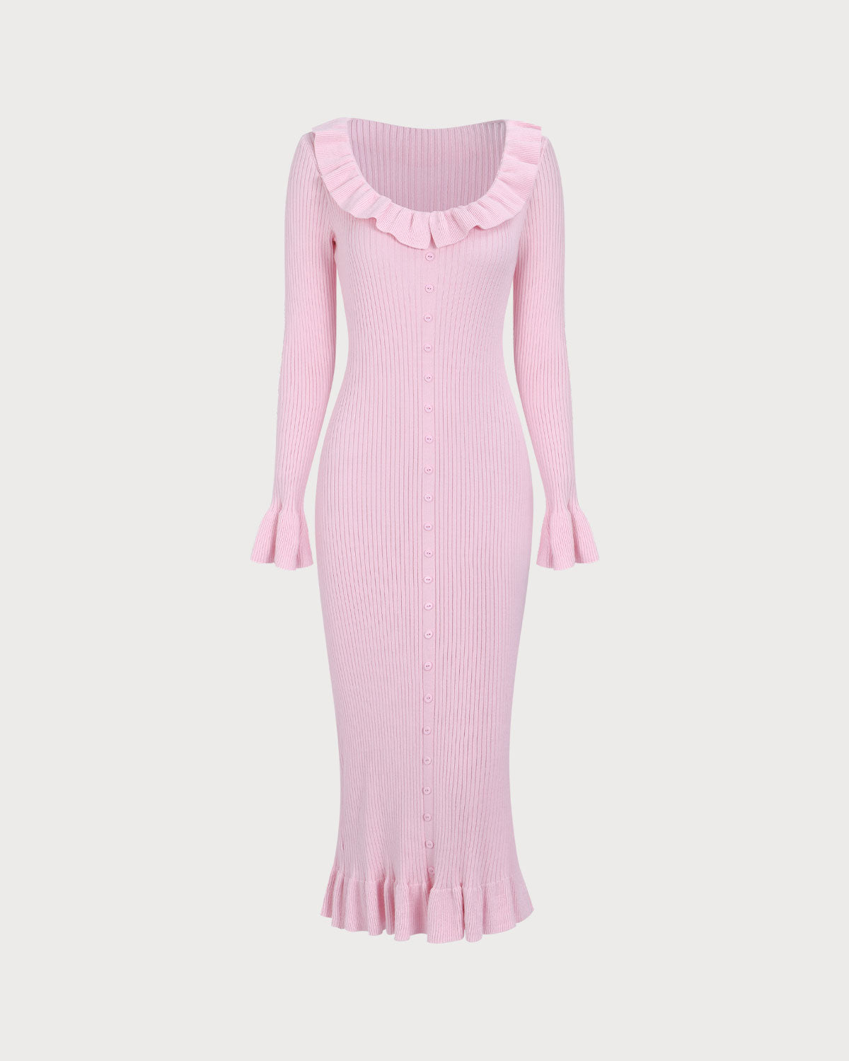 Sueña™ Kadın Pembe U Yaka Fırfırlı Bodycon Kazak Elbise