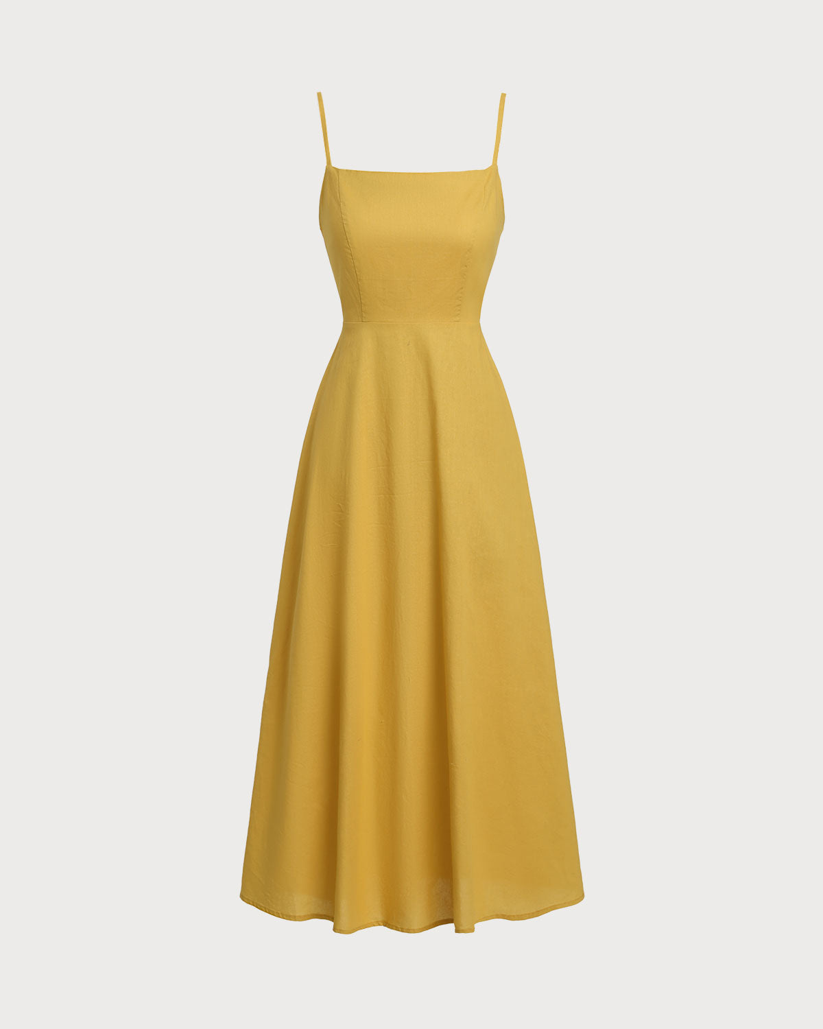 Sueña™ Sarı Kare Yaka Büzgülü Slip Midi Elbise