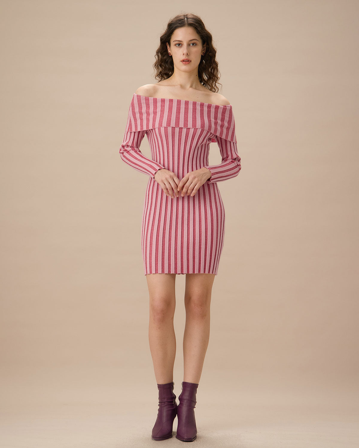 Sueña™ Pembe Çizgili Omuzu Açık Bodycon Triko Elbise