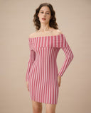 Sueña™ Pembe Çizgili Omuzu Açık Bodycon Triko Elbise