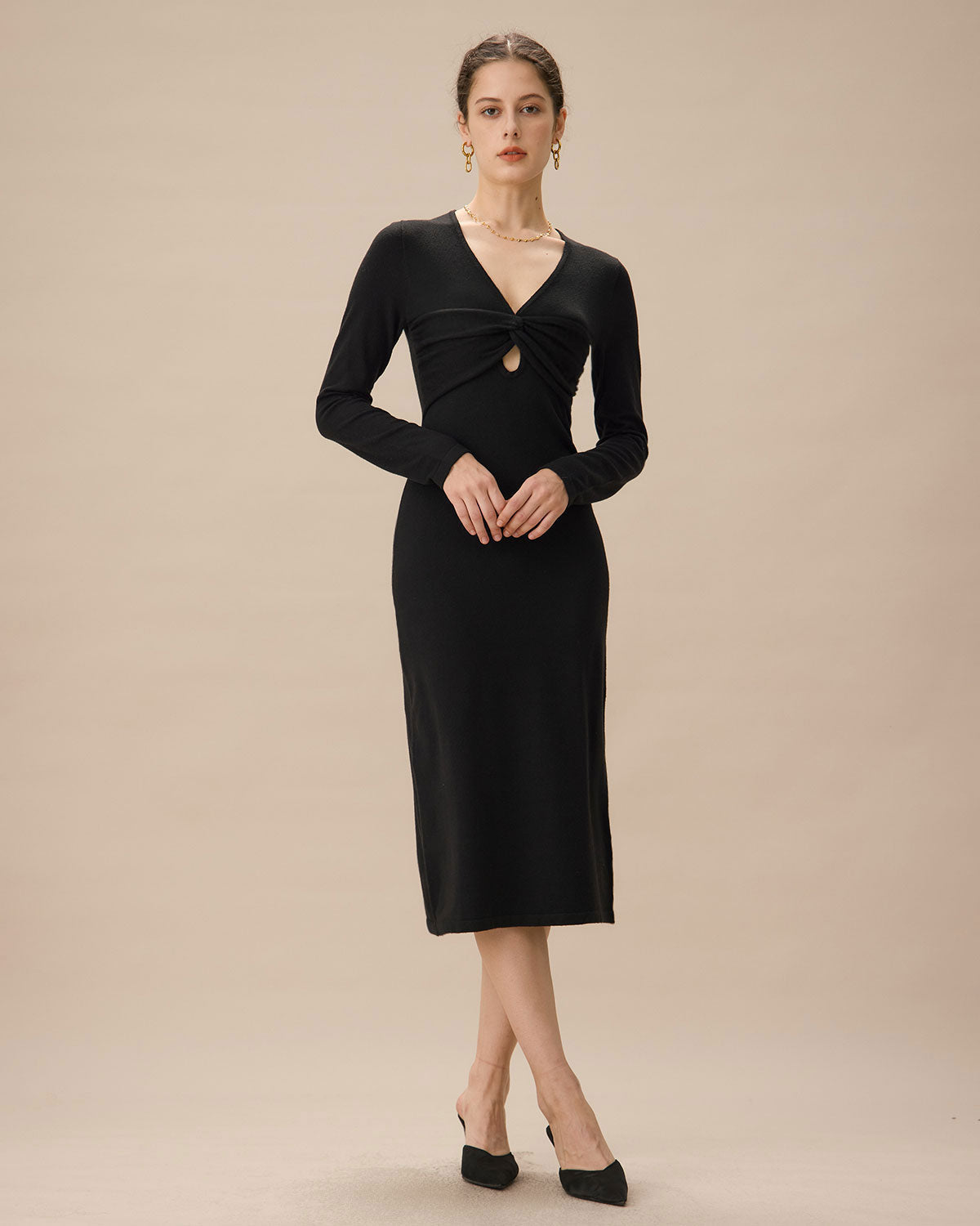 Sueña™ Siyah V Yaka Bodycon Triko Elbise