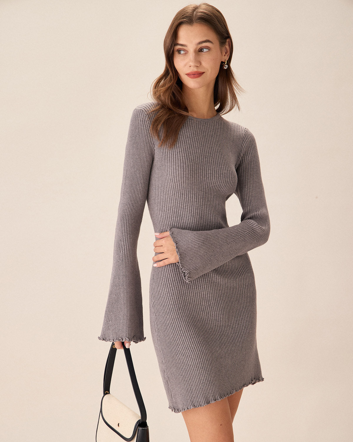 Sueña™ Gri Kayık Yaka Triko Mini Elbise