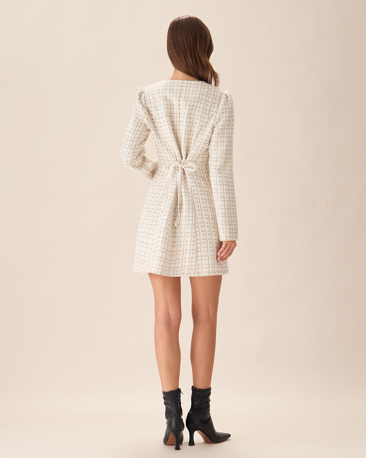 Beyaz Kare Yaka Tweed Mini Elbise