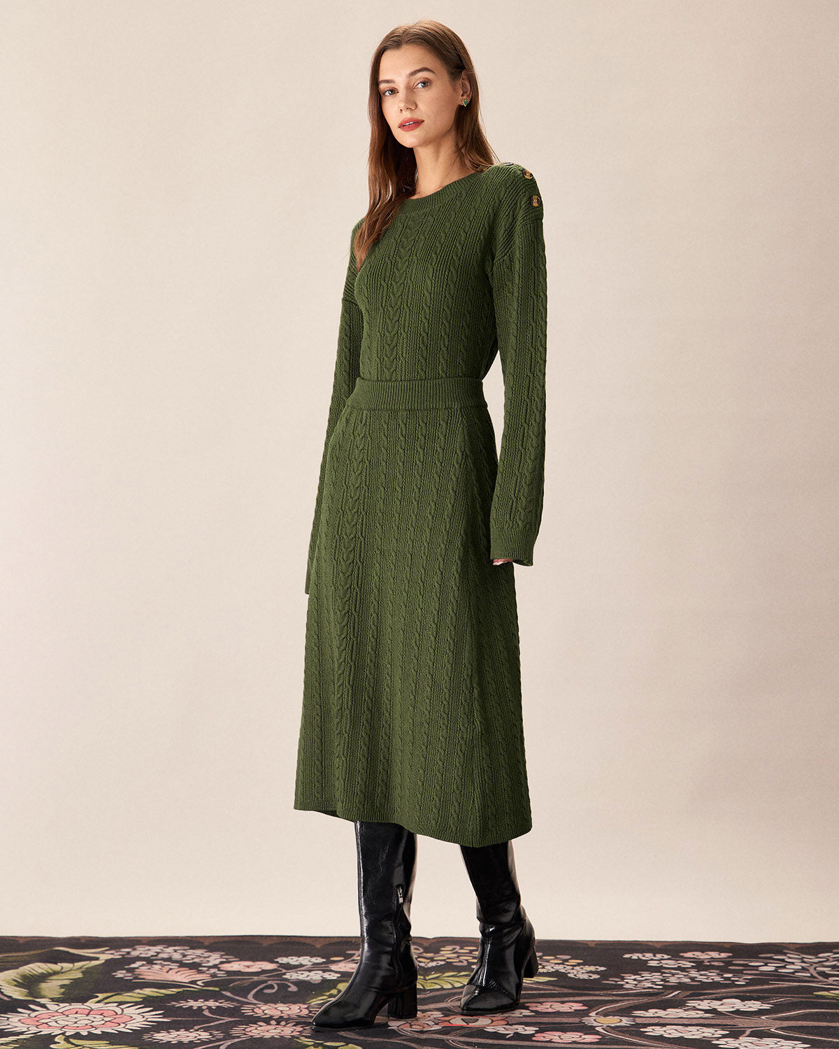 Sueña™ Yeşil Beli Lastikli Triko Midi Etek