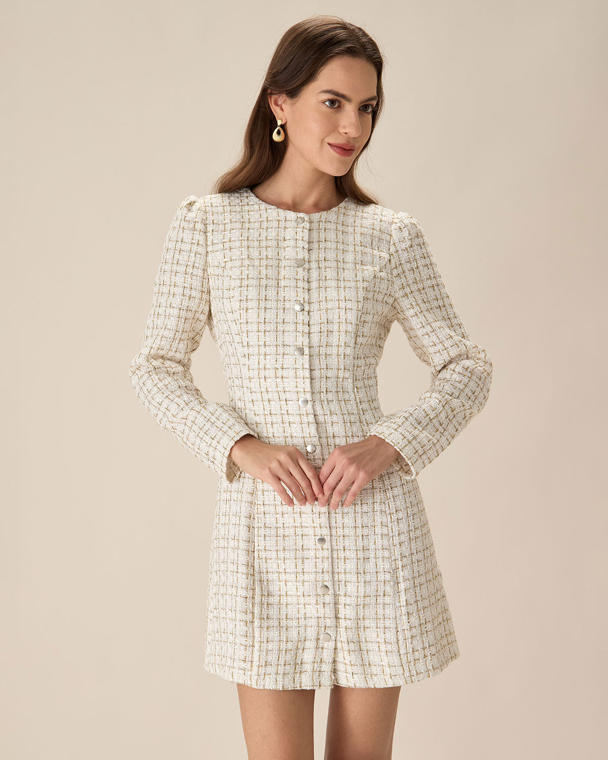 Beyaz Kare Yaka Tweed Mini Elbise