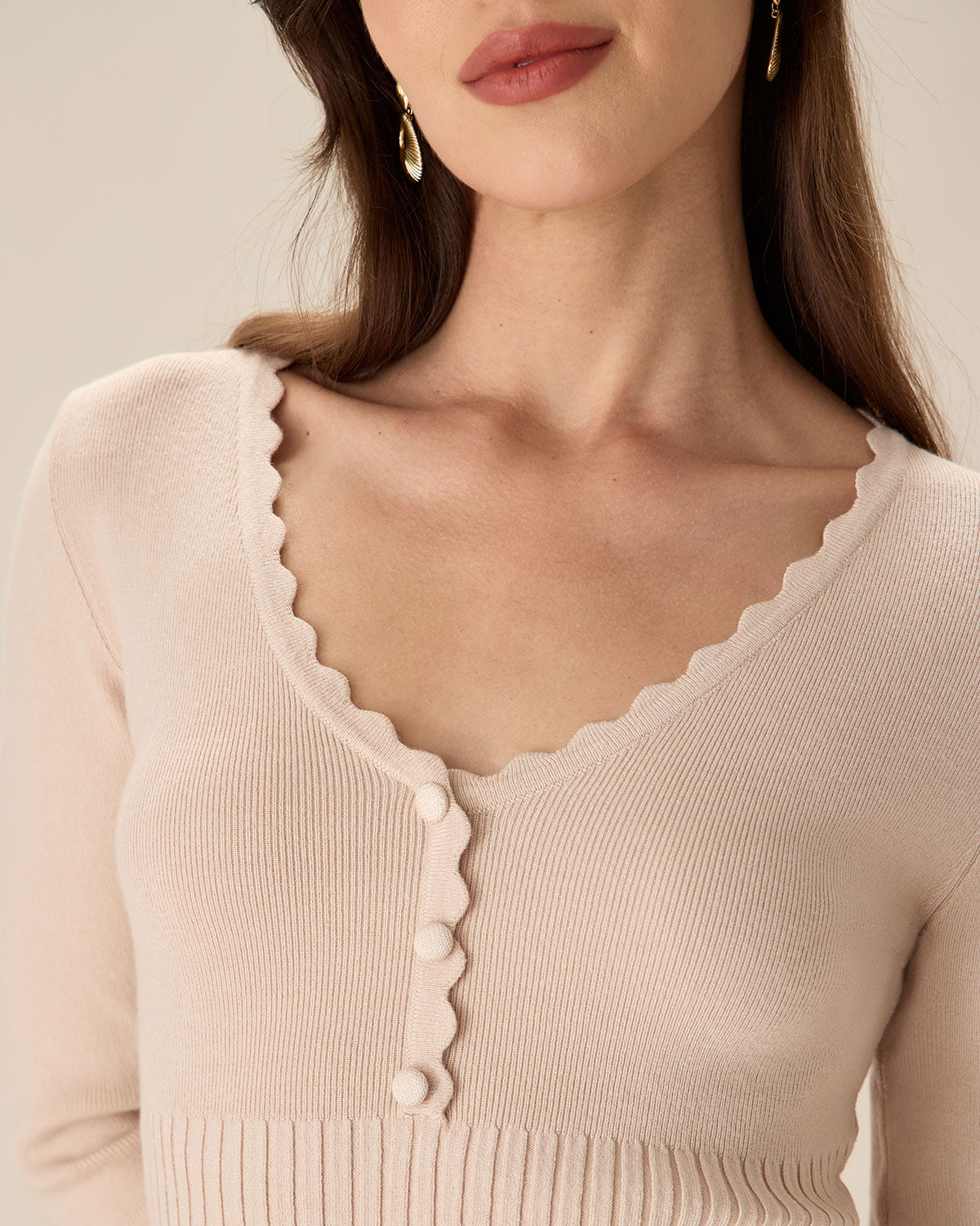Sueña™ Kayısı V Yaka Bodycon Kazak Elbise
