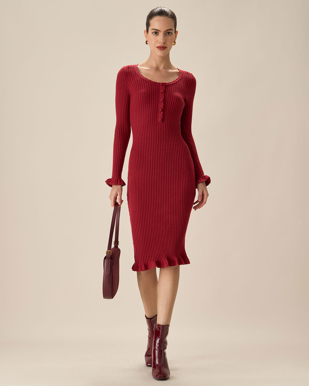 Sueña™ Kırmızı Bodycon Çan Kol Kazak Elbise