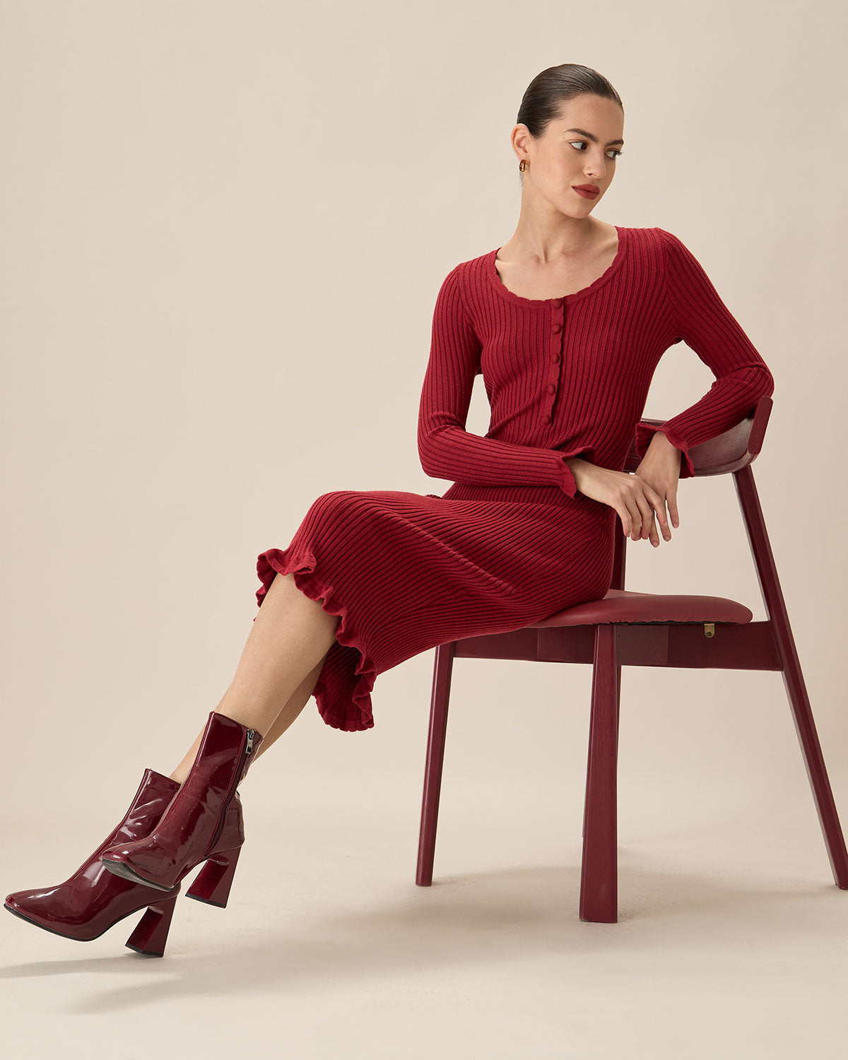 Sueña™ Kırmızı Bodycon Çan Kol Kazak Elbise