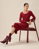 Sueña™ Kırmızı Bodycon Çan Kol Kazak Elbise