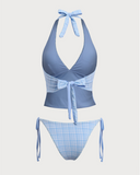 Sueña™ Mavi Örme Ekose Tankini Mayo