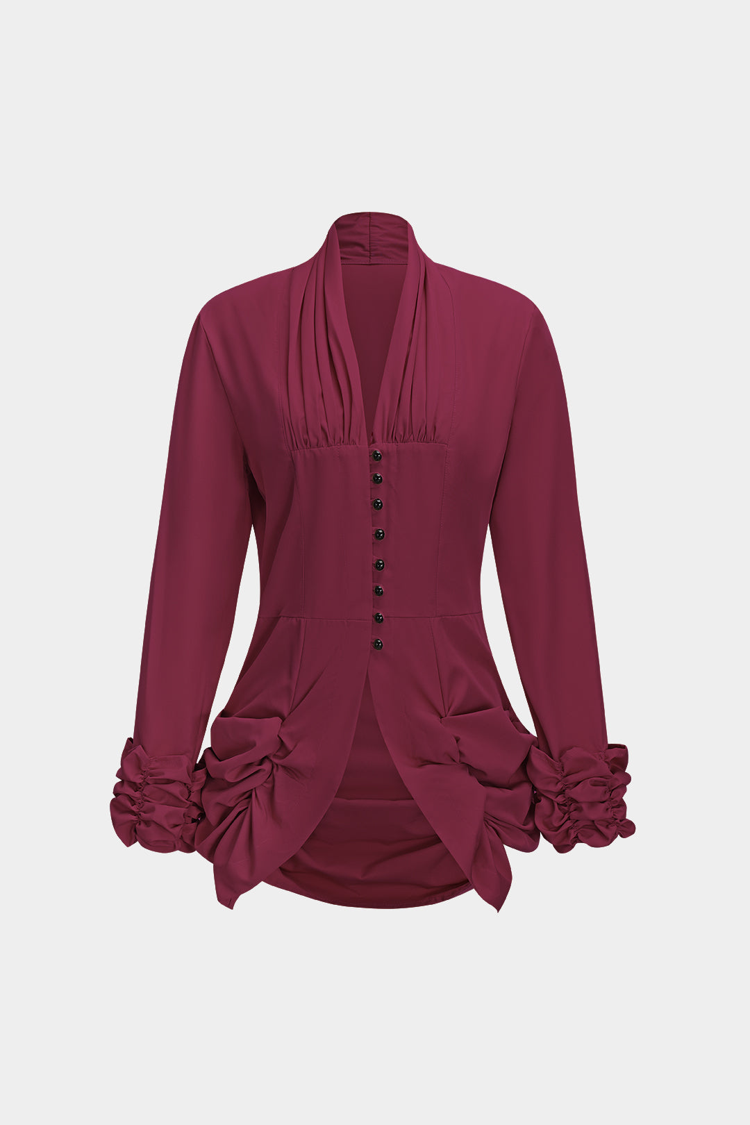 Button Ruched Long-Sleeve Gömlek