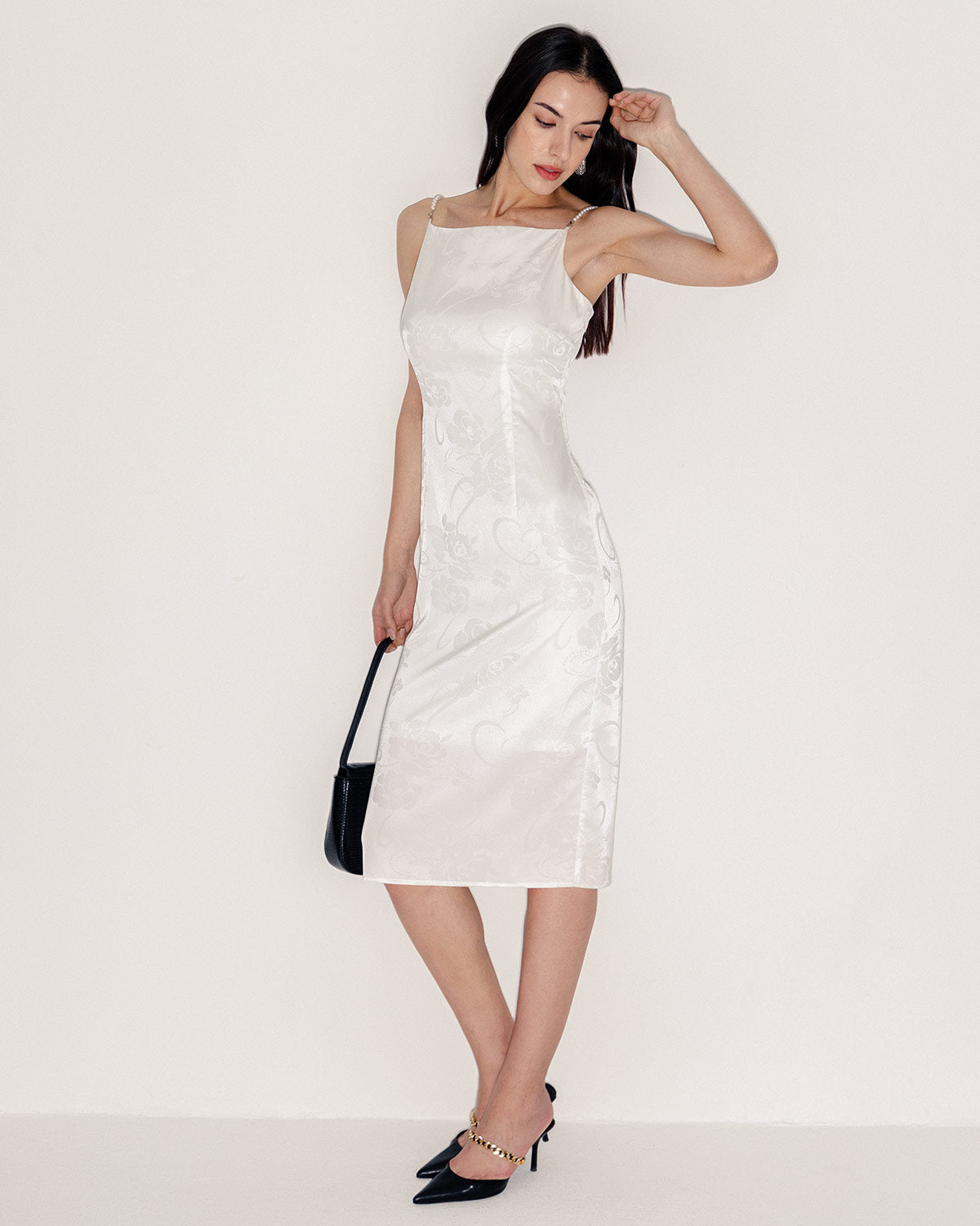 Sueña™ Beyaz Boncuklu Askılı Slip Midi Elbise