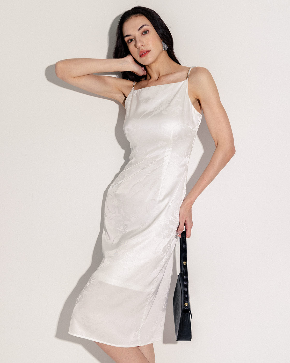 Sueña™ Beyaz Boncuklu Askılı Slip Midi Elbise